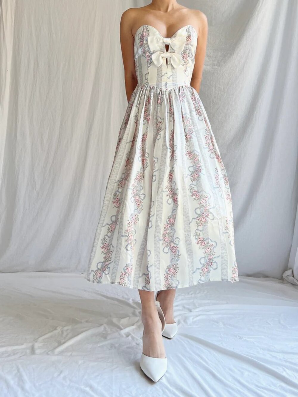 Gunne Sax Blue White Floral Bow Print Satin Midi Maxi Dress 5 - Picture 3 of 5